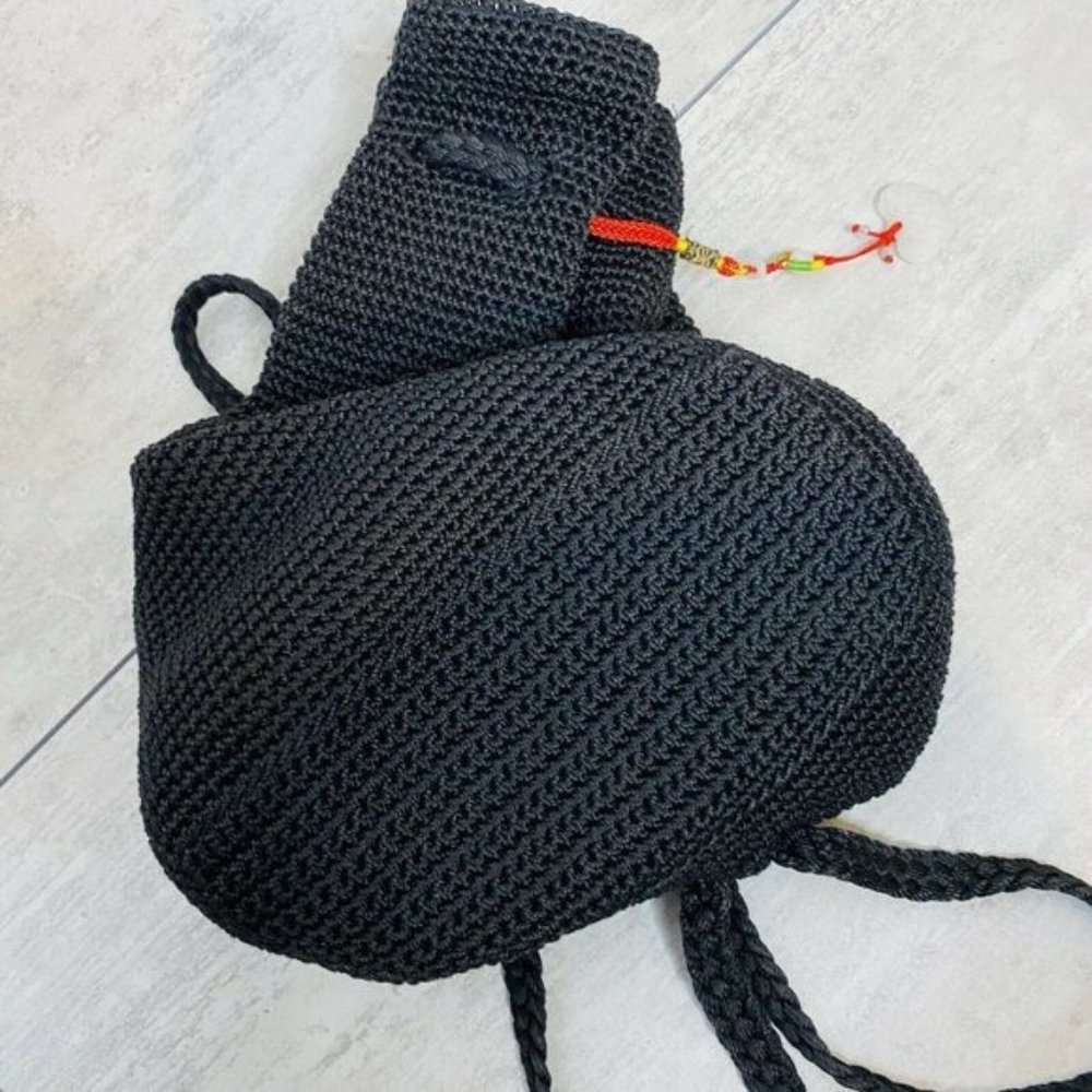 Vintage Black Drawstring Backpack Lack Woven Braid - image 4
